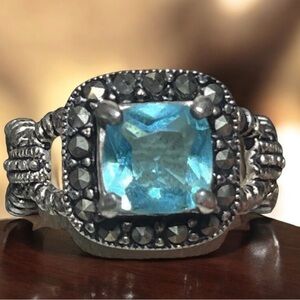 Vintage Blue Topaz Marcasite Sterling Silver Ring Sz 5.5